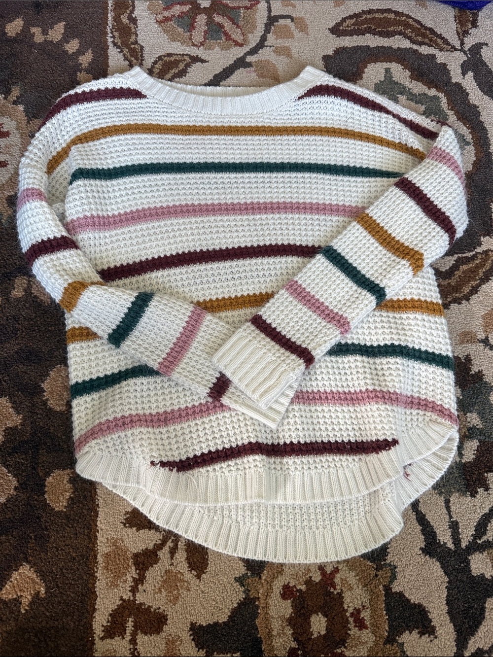 Striped Crewneck Sweater - White with Pink, Green, Mustard & Burgundy Stripes
